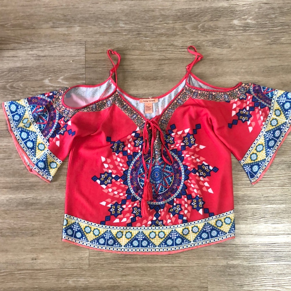 Flying Tomato Red Cold-Shoulder Boho Print Tie-Front Top